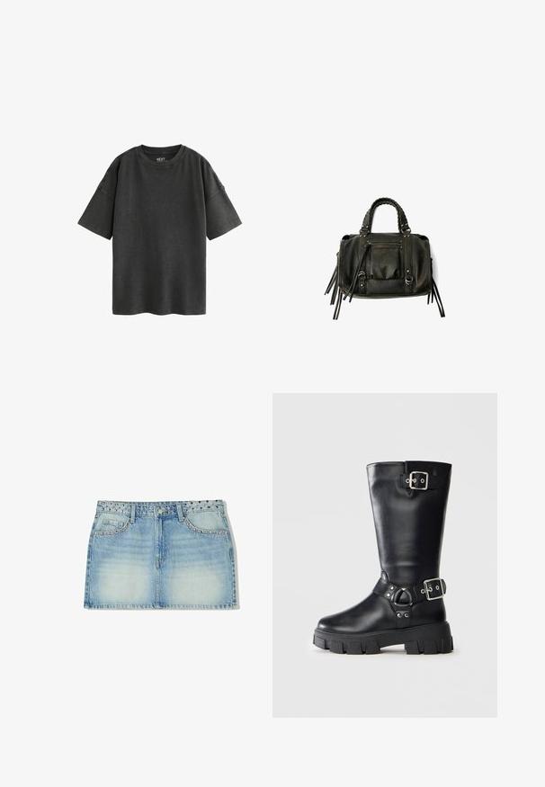 Črna oversize majica iz bombaža. Ima okroglo ovratnico in kratke rokave z neobdelanimi robovi ter prikazuje mehak, nošen videz.; Denim mini krilo v svetlo modri barvi, z okrasnim pasom s konicami, dvema prednjima žepoma in ravnim krojem z zbledelim teksturiranjem.; Črne usnjene škornje do meč s debelim profiliranim podplatom, dva srebrna zaponka - en na vrhu in en okoli gležnja.; Črna usnjena torba s pletenimi ročaji, žepom na zadrgo in visečimi resicami. Teksturična površina z kovinskimi okrasnimi studenčki in dodatki iz kovine.
