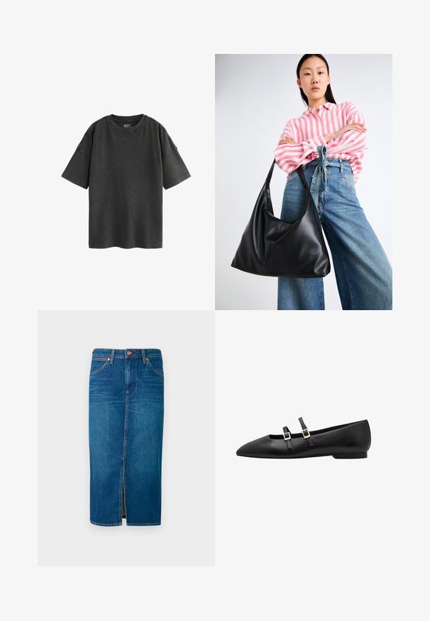 Zwarte oversized T-shirt van katoen. Kenmerkt zich door een ronde halslijn en korte mouwen met rafelranden, en toont een zachte, versleten textuur.; Denim midi-schoot in diepblauw met een voorknof, vijf zakken, oranje stiksels en een beveiligde tailleband met twee metalen knopen.; Zwarte leren platte schoen met een spitse neus, voorzien van twee zwarte banden en gouden vierkante gespen. Gladde textuur en een laag profiel zool.; Zwarte leren schoudertas met een slungelige vorm en naden. Model draagt een roze en witte gestreepte blouse met wijde blauwe jeans.