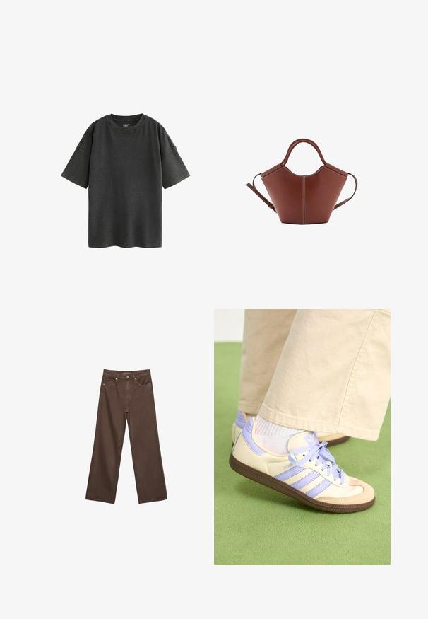 Černé oversized tričko vyrobené z bavlny. Má kulatý výstřih a krátké rukávy s neurčenými okraji, které ukazují měkkou, opotřebovanou texturu.; Hnědé džíny s širokými nohavicemi vyrobené z denimu, s vysokým pasem, předními kapsami a klasickým zapínáním na knoflík. Hladká textura s jemným švem.; Krémové a levandulové tenisky se třemi pruhy a texturovanou hnědou podrážkou, vybavené tkaničkami a polstrovanou patou. Měkký textilní svršek.; Hnědá kožená kabelka s kuželovitým tvarem, pevnými uchy a kontrastním bílým prošíváním. Obsahuje odnímatelný ramenní popruh pro univerzálnost.