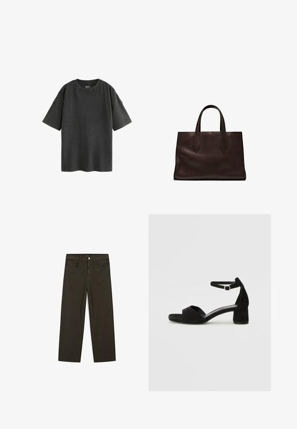 Czarny, luźny T-shirt wykonany z bawełny. Posiada okrągły dekolt oraz krótkie rękawy z surowymi krawędziami, co podkreśla miękką, zużytą teksturę.; Ciemnozielone spodnie dżinsowe typu wide-leg wykonane z mieszanki bawełny, z zamkiem na guzik z przodu, pięcioma kieszeniami i klasycznym przeszyciem dżinsowym.; Czarne zamszowe sandały na obcasie z cienkim paskiem wokół kostki, otwartym noskiem i skromnym słupkowym obcasem. Gładka faktura i minimalne akcenty.; Brązowa skórzana torba tote z dwoma wydłużonymi uchwytami, usztywnionym prostokątnym kształtem, gładką teksturą i subtelnymi detalami przeszycia.