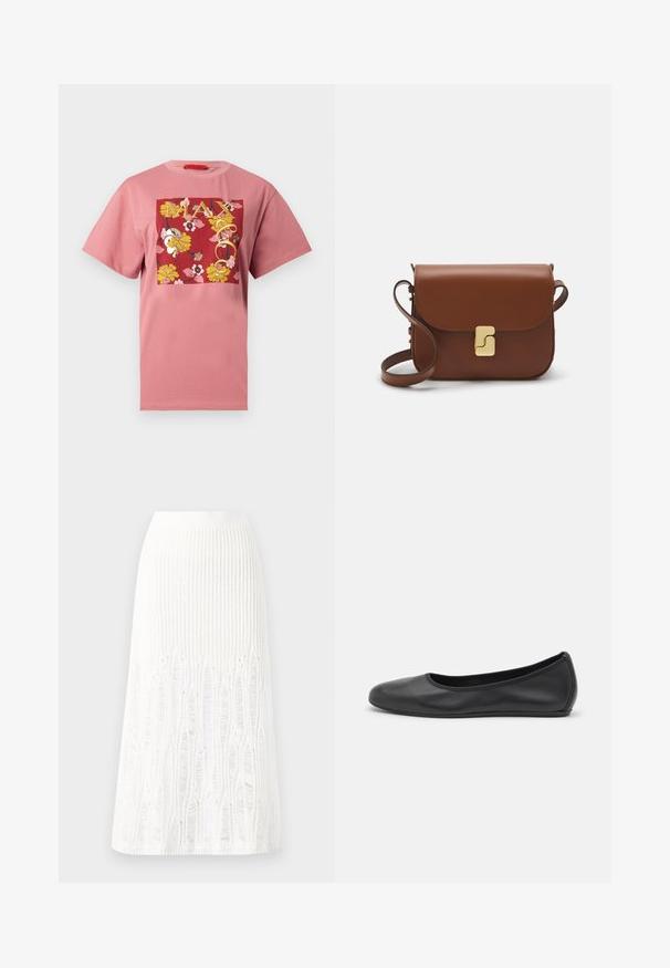 Rosa Baumwoll-T-Shirt mit einem roten quadratischen Grafikdesign, das gelbe Blumenmuster und den Text "MAX&Co." zeigt, kurzen Ärmeln und einem Rundhalsausschnitt.; Gestreifte weiße Midi-Rock aus Strick mit einem strukturierten Muster und Ausschnitten am Saum. Elastischer Bund. Weiches Material.; Schwarze Leder-Ballettschuhe mit abgerundeter Spitze, glatter Textur, minimalen Nähdetails und einem flexiblen Sohlen-Design.; Braune Ledertasche mit Klappenverschluss, Beschlägen in Goldfarbe, einem Schultergurt und einer glatten Oberfläche. Kompakte rechteckige Form.