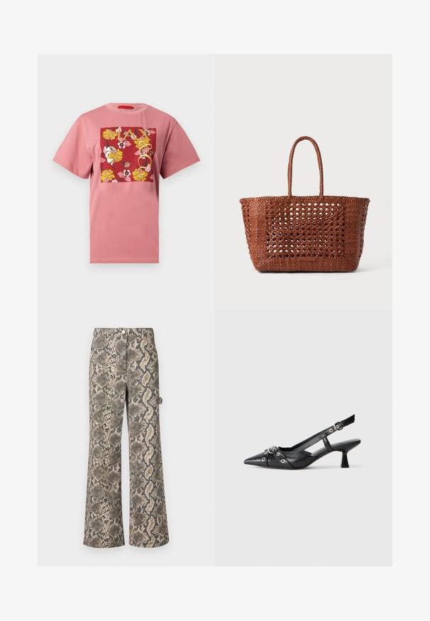 Roosa puuvillane T-särk, millel on punane ruudukujuline graafika kollaste lillemustertega ja "MAX&Co." tekst, lühikesed varrukad ja ümmargune kaelus.; Laiad püksid, millel on vale madu nahk ja millel on beeži ja musta tooni, sujuva tekstuuriga ning tavalise vöökohtaga.; Must must have must toote tõmblukuga, dekoratiivsed rihmad metallist silmadega ja madal blokk-kand. Tekstureeritud pind.; Kootud pruun kott avatud mustriga, ristküliku kujuga ja kahe soonikuga käepideme ning tugeva aluse toeks.