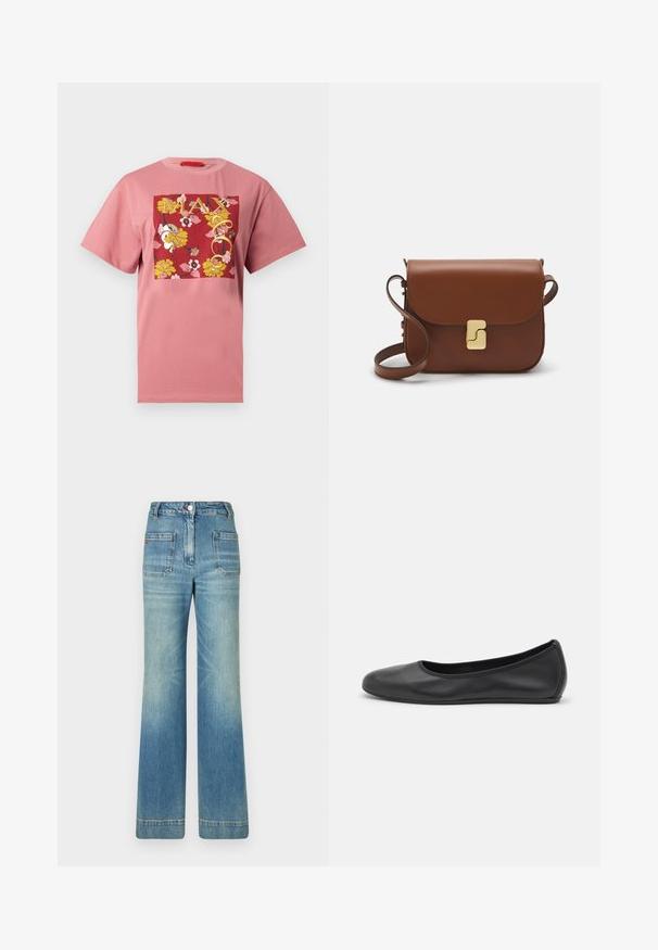 Rožinė medvilninė marškinėliai su raudonos kvadrato grafika, papuošta geltonomis gėlėmis ir "MAX&Co." tekstu, trumpomis rankovėmis ir apvalia iškirpte.; Šviesiai mėlynos džinsinės platėjančios kelnės su penkiomis kišenėmis, diržo kilpojais, mygtuko uždarymu ir šiek tiek nusidėvėjusia struktūra, su raudonu logotipo akcentu ant nugaros.; Juodai odiniai baletai su apvaliu pirštu, lygi texture, minimalus siuvimo detales ir lanksčiu padų dizainu.; Ruda odinė rankinė su uždaromu dangteliu, aukso spalvos detalėmis, petneša ir lygiu paviršiumi. Kompaktiška stačiakampio formos.