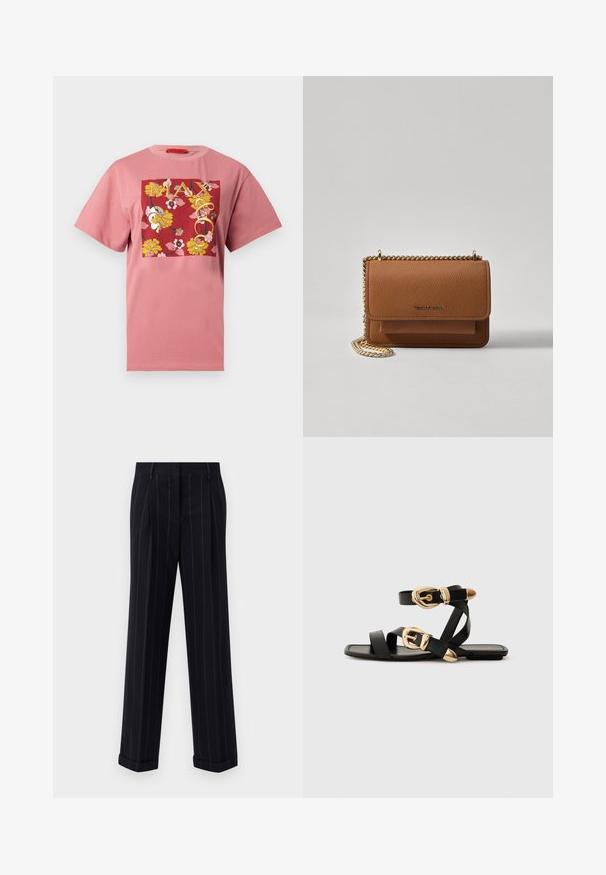 Rozā kokvilnas T-krekls ar sarkanu kvadrātu grafiku, kurā ir dzelteni ziedu raksti un "MAX&Co." teksts, īsām piedurknēm un apaļu kakla izgriezumu.; Melnas pinstrīpu bikses ar pielāgotu piegriezumu, ar apgāztu apakšmalu un priekšējām kroku detaļām. Izgatavotas no gludas auduma ar struktūrētu dizainu.; Melni ādas sandales ar zelta sprādzēm, ar vairākām siksnām un plakanu zoli, piemērotas valkāšanai ar atvērtu purngala.; Brūna teksturēta ādas plecu soma ar zelta ķēdes siksnu un atloka aizdari. Priekšpusē ir logotipa detaļa un kabata zem atloka.