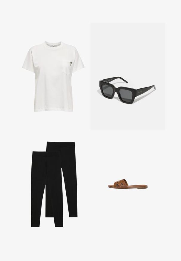 Hvid bomulds T-shirt med rund halsudskæring, korte ærmer, og en lomme på venstre bryst med en lille, grøn broderet palmetrædetalje.; Sorte leggings lavet af strækbart stof med en sømløs talje og en slim fit design, velegnet til afslappet brug eller træning.; Brun læder slide sandal med krydsede stropper, flad sål og en glat overflade. Enkel design uden udsmykninger eller mønstre.; Sorte firkantede solbriller med mørke linser, tyk plastikramme og slanke stænger. Har subtil branding på siden.; Sort faux-krokodilleder håndtaske med et struktureret design, guld hardware, en top håndtag og en magnetisk klaplukning.