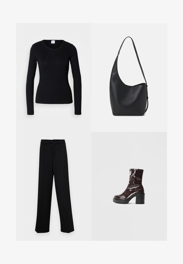 Schwarzes Langarmshirt aus Baumwollmischgewebe, mit Rundhalsausschnitt und tailliertem Schnitt, ohne sichtbare Muster oder Grafiken.; Schwarze, weit geschnittene Hosen aus glattem Stoff, mit einem klassischen Taillenbund und einem Knopfverschluss sowie vorderen Falten.; Glatte bordeauxrote Ankle Boots mit einem klobigen schwarzen Absatz, die eine glatte Oberfläche und ein einfaches Design aufweisen. Keine sichtbaren Verschlüsse oder Muster.; Schwarze Leder-Hobo-Tasche mit einer glatten Textur, geschwungener Form und einem einzelnen verstellbaren Tragegurt; verfügt über eine weite Öffnung am oberen Ende.