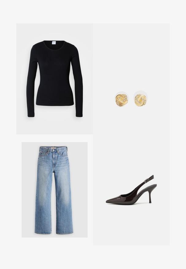 Svart langermet skjorte laget av en bomullsblanding, med rund hals og tettsittende design uten synlige mønstre eller grafikk.; Lys blå denim vidbenede jeans med høj talje, falmede områder, fem lommer og kontraststikning. Klassisk knap- og lynlåslukning.; Slingback høyhælte sko i blankt mørkebrunt patentlær, spiss tå, åpne sider og justerbar ankelrem.; Gullige svungne øreringer med klar bakgrunn, som har teksturerte gullakenter og små klare edelstener innebygd i designet.