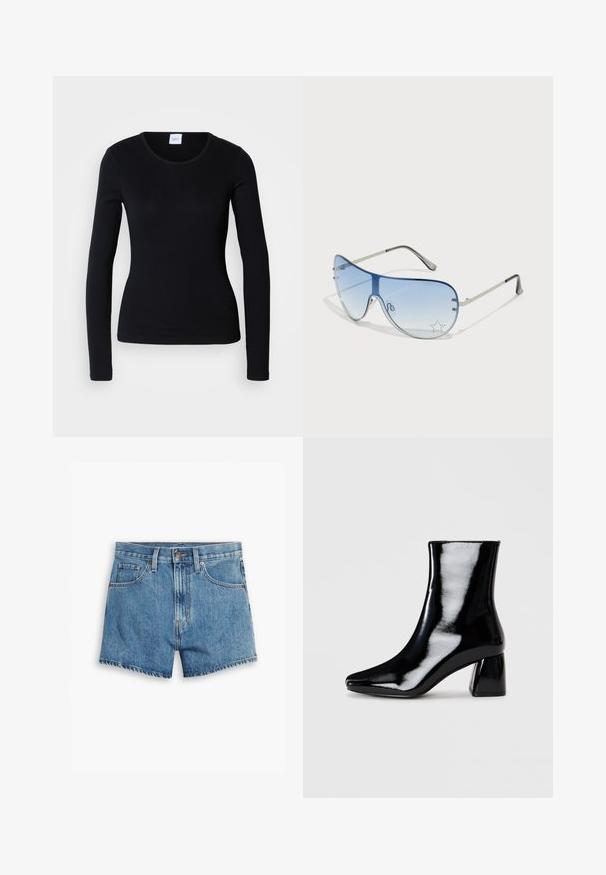 Camisa preta de mangas longas feita de tecido misto de algodão, apresentando um decote redondo e um design ajustado, sem padrões ou gráficos visíveis.; Bermudas de ganga em azul claro, com cinco bolsos, fecho de correr e fecho de botão. A bainha está desfiada com um design de corte descontraído.; Bota ankle de verniz preto com bico pontiagudo e salto quadrado. Textura suave com um acabamento brilhante, sem embelezamentos visíveis.; Óculos de sol aviador com lentes azuis em degradê, armação metálica prateada e detalhes decorativos de estrelas nas lentes. Design suave e elegante.