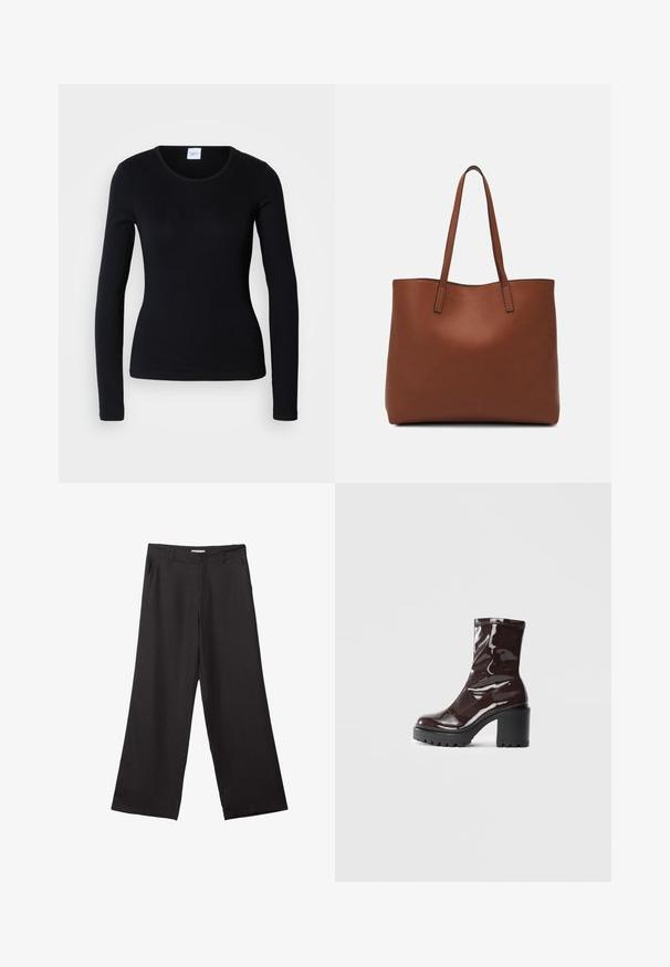 Schwarzes Langarmshirt aus Baumwollmischgewebe, mit Rundhalsausschnitt und tailliertem Schnitt, ohne sichtbare Muster oder Grafiken.; Schwarze weite Hosen aus glattem Stoff, mit einem Reißverschluss vorne und zwei seitlichen Taschen, maßgeschneiderter Passform und minimalistischem Design.; Glatte bordeauxrote Ankle Boots mit einem klobigen schwarzen Absatz, die eine glatte Oberfläche und ein einfaches Design aufweisen. Keine sichtbaren Verschlüsse oder Muster.; Braune Leder-Tote mit glatter Textur, offenem Oberteil und zwei Schulterriemen. Verfügt über minimale Nähte und keine sichtbaren Beschläge.