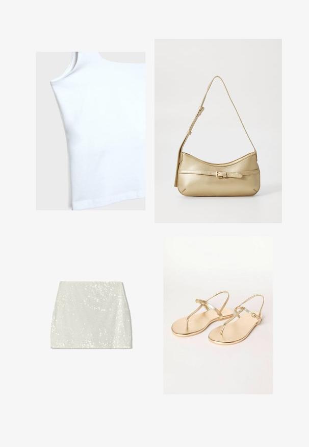 Bela bombažna majica brez rokavov z izrezom v obliki čolna, kratkimi armhole-i in ravnim robom. Tkanina se zdi gladka in rahlo elastična.; Bershka Krilo A-kroja - white; Friends Like These REGULAR FIT - TOE THONG FIT - T-sandali - gold; Metalna zlata torba preko ramena s zakrivljenim oblikom, gladko teksturo, ravnim trakom in okrasno zaponko na sprednji strani.