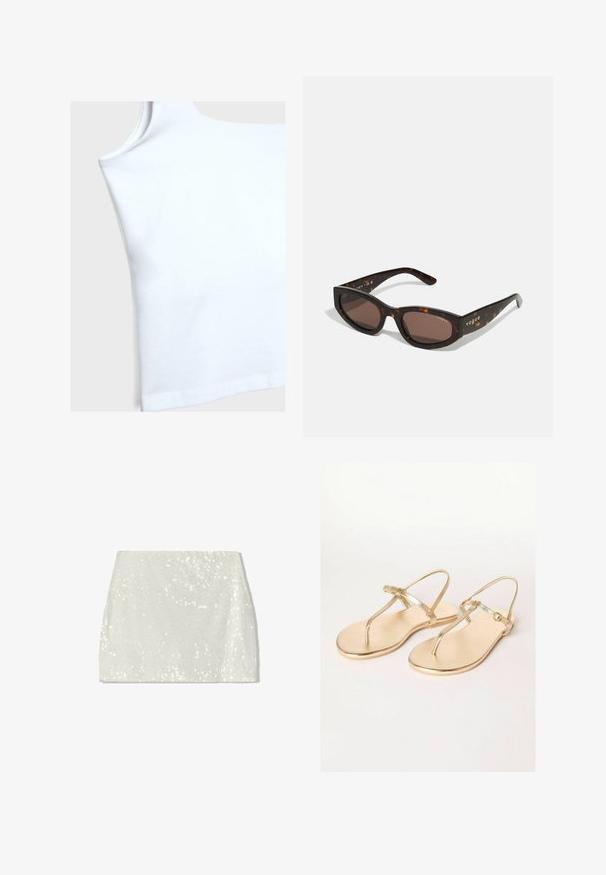 Vit bomullstopp med rundad halsringning, korta ärmhål och rak nederkant. Tyget verkar slätt och något elastiskt.; Bershka A-linjekjol - white; Friends Like These REGULAR FIT - TOE THONG FIT - Tåsandaler - gold; Bruna sköldpaddsformade solglasögon med rektangulär form, mörkbruna linser och guld "vogue"-logotyp på stängerna.; Metallisk gyllene axelväska med en böjd form, slät yta, en platt rem och en dekorativ spänndetalj på framsidan.; Guldtonad armband med en slät utsida och texturerad insida. Har en bred, rundad design med en öppen utskärning på ena sidan.