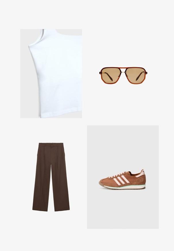White cotton tank top with a scoop neckline, short armholes, and a straight hem. Fabric appears smooth and slightly stretchy.; Brown wide-leg trousers made of a smooth fabric, featuring a high waist, front pleats, and two side pockets.; Brown and pink Adidas sneaker with suede details, three pink stripes on the side, and a white sole with a green accent.; Brown octagonal sunglasses with a transparent amber frame and brown-tinted lenses. Features a metal accent at the bridge and slender temples.; Black quilted leather handbag with a silver chain handle, featuring a structured design and smooth texture.