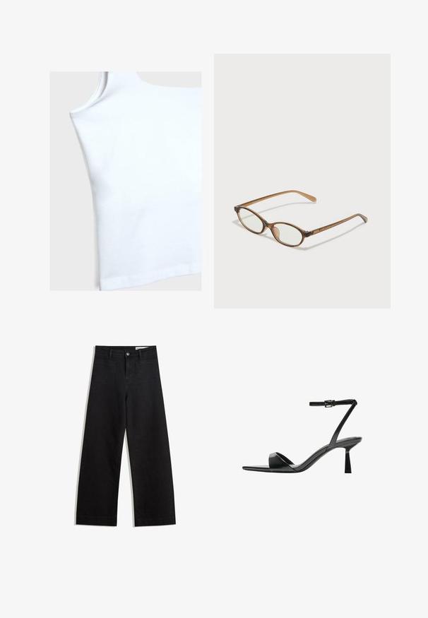 Biely bavlnený top bez rukávov s okrúhlym výstrihom, krátkymi ramennými otvorami a rovnými okrajmi. Textília vyzerá hladko a je mierne pružná.; Čierne denimové nohavice s širokými nohavicami a vysokým pásom, so prednými a zadnými vreckami, šitými švami a zapínaním na gombík. Hladká textúra.; Bershka Sandále na vysokom opätku - black; Hnedé želvovinové okuliare s oválnymi sklíčkami, tenkými ramenami a priesvitnými akcentmi. Obsahujú jemný logo na stranici. Štýlový, ľahký dizajn.; Čierna laková kožená kabelka s ohnutým tvarom, jedným ramenným popruhom, prednými vreckami a striebornými kovovými doplnkami.