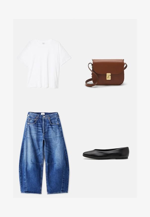 T-shirt bianco in cotone con maniche corte, scollo rotondo, vestibilità comoda e orlo cucito. Etichetta visibile all'interno del colletto.; Jeans in denim blu a gamba larga con una finitura sbiadita, dotati di cinque tasche, rivetti in rame e chiusura con zip. Il tessuto è strutturato e resistente.; Paul Smith TOPANGA - Ballerine - black; Borsa a tracolla in pelle marrone con chiusura a pattina, hardware color oro, tracolla e una finitura liscia. Forma rettangolare compatta.