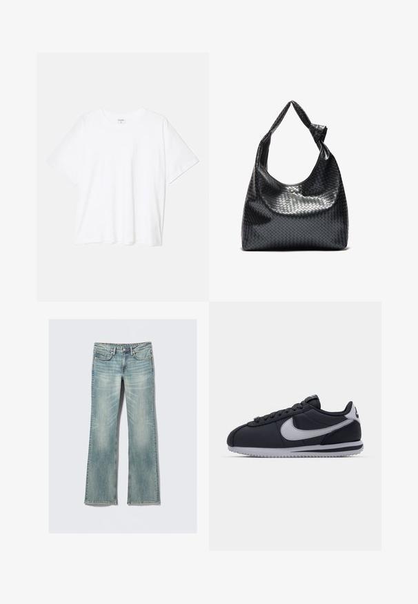 White cotton t-shirt with short sleeves, round neckline, relaxed fit, and stitched hem. Label visible on the inside neck.; Light blue denim jeans with slight fading, five pockets, button closure, and straight legs on a white background.; Black athletic shoe with gray accents, smooth synthetic upper, textured sole, rounded toe, and flat laces. Classic design with logo detail.; Black woven leather handbag with a slouchy design, featuring a knotted strap and a small decorative gold stud at the top.