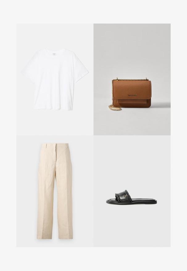 Weißes Baumwoll-T-Shirt mit kurzen Ärmeln, runder Halslinie, lockerer Passform und genähtem Saum. Etikett sichtbar am inneren Kragen.; Beige Leinenhosen mit einer lockeren Passform, gefältelter Vorderseite und geraden Beinen. Besitzt einen Bund mit Gürtelschlaufen und keine sichtbaren Taschen.; Schwarze Ledersandale mit einem gewebten Riemen-Detail, flacher Sohle und schlankem Design. Glatte Textur und minimalistisches Profil.; Braune strukturierte Ledertasche mit goldener Kettenriemen und Klappenverschluss. Die Vorderseite zeigt ein Logo-Detail und eine Tasche unter der Klappe.