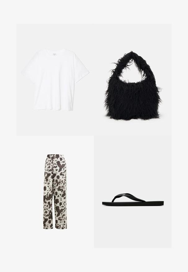 Biała bawełniana koszulka z krótkim rękawem, okrągłym dekoltem, luźnym krojem i przeszytym brzegiem. Metka widoczna wewnątrz dekoltu.; adidas Originals - Spodnie treningowe; Czarne gumowe klapki z teksturowanym paskiem i prostą płaską podeszwą, przedstawione z boku na jasnym jednolitym tle.; Even&Odd - Torba na zakupy
