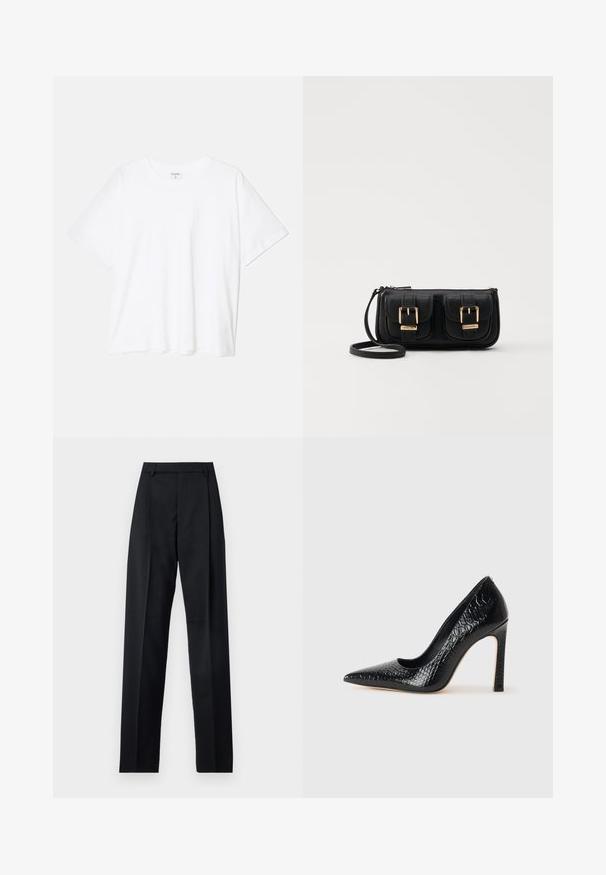 White cotton t-shirt with short sleeves, round neckline, relaxed fit, and stitched hem. Label visible on the inside neck.; Black trousers made from smooth fabric featuring a high waist, wide legs, front pleats, and classic belt loops. No side pockets visible.; Black pointed-toe high heel shoe with a crocodile-skin texture, featuring a sleek design, high stiletto heel, and smooth black interior.; Black leather crossbody bag with two front pockets, gold buckles, zipper closure, and a slim strap. Textured surface and compact rectangular shape.