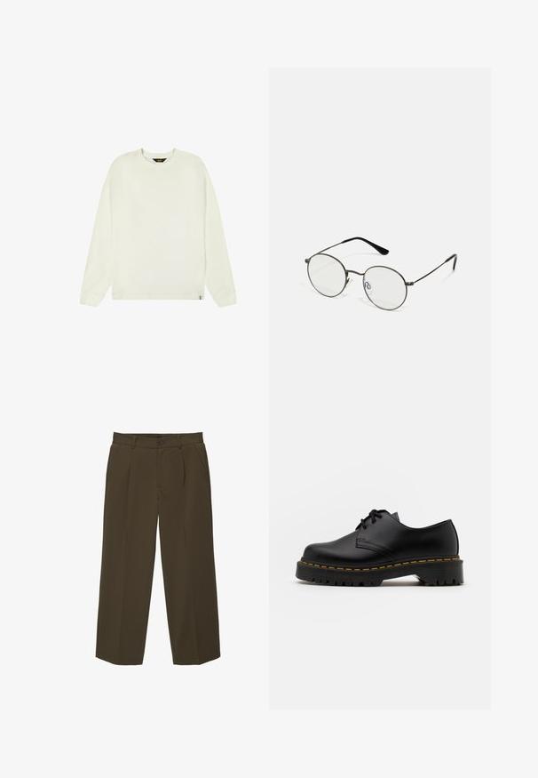 Lee WAFFLE TEE - REGULAR FIT - Long sleeved top - ecru; Brown, loose-fit trousers made of soft fabric with a flat front, side pockets, and a button closure at the waist. Plain design with no patterns.; Black leather lace-up shoe with a rounded toe, textured rubber sole, and yellow stitching around the base. Flat design and smooth finish.; Round metal glasses with thin black frames, clear lenses, and plastic tips on the earpieces. Minimalist design with subtle hardware details.