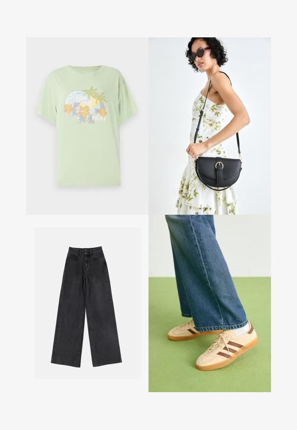 Vaaleanvihreä lyhythihainen T-paita, jossa on aalto- ja kukkakuva, brändinimi "ROXY" valkoisena. Pehmeää puuvillamateriaalia.; Mustat leveälahkeiset farkut, joissa on korkea vyötärö, klassinen viisi-taskumalli ja hillitty haalistuminen. Kestävä kangas, jossa on sileä rakenne.; Beige lenkkarit, joissa on tekstuuriset kerma-paneelit ja ruskeat raidat, yhdistettynä sinisiin farkkuihin. Farkut ovat leveät ja niissä on repaleinen helma.; Musta nahkainen käsilaukku, joka on kaareva muotoilultaan, irrotettavalla hihnalla ja kultaisilla yksityiskohdilla. Laukussa on läppä, jossa on solk yksityiskohta.