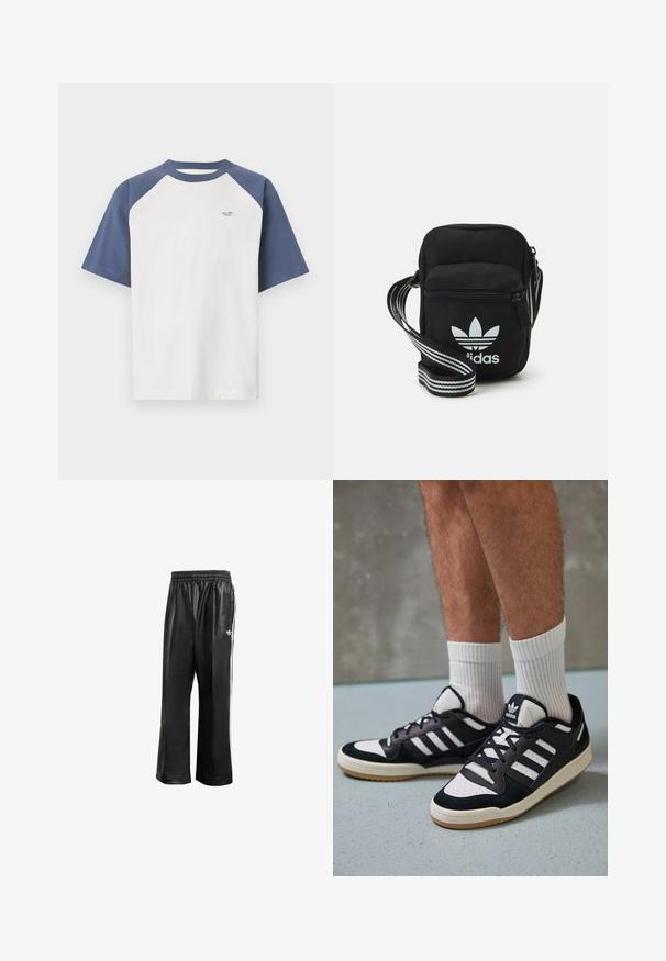T-shirt de manga curta com corpo branco e mangas raglan azul marinho. Feita de algodão, apresenta um pequeno logótipo no peito.; Calças de treino sintéticas pretas com um cós elástico, apresentando riscas laterais brancas e um pequeno logótipo branco no quadril esquerdo.; Ténis em preto e branco com upper em camurça e couro, apresentando três riscas brancas, um toe perfurado e uma sola em borracha de goma.; Sacolinha transversal de tecido preto com fecho de zíper, apresentando um logo da Adidas em branco e uma alça ajustável listrada para facilitar o transporte.