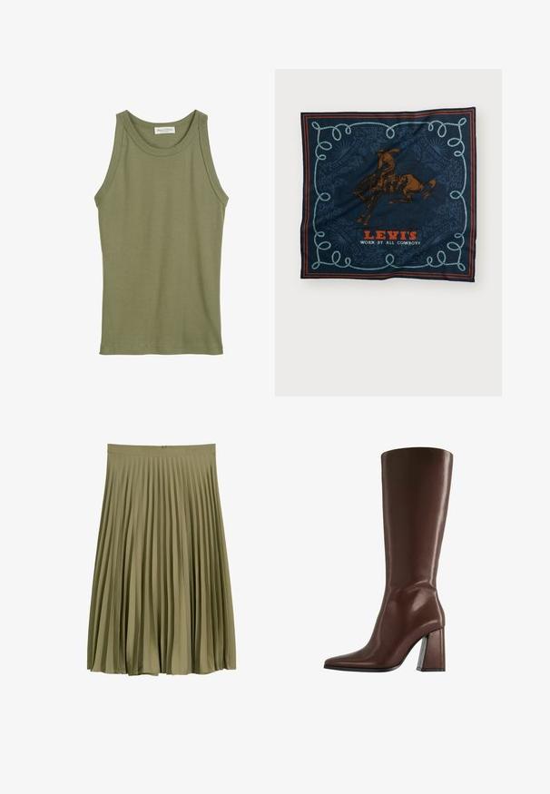 Olijfgroen tanktop, mouwloos ontwerp, gemaakt van zachte katoen, met een ronde halslijn en gestikte randen. Geen patronen of accenten zichtbaar.; Olijfgroen midi-lengte geplooide rok met een tailleband en verborgen ritssluiting aan de achterkant.; Bruine kniehoge leren laars met puntige neus en stevige hak van middelhoge hoogte, zijaanzicht op witte achtergrond.; Marineblauwe zijden sjaal met een grafisch ontwerp van een bruine ruiter, een decoratief blauw koordpatroon en de tekst "LEVI'S DRAAGT DOOR ALLE COWBOYS" in het rood.
