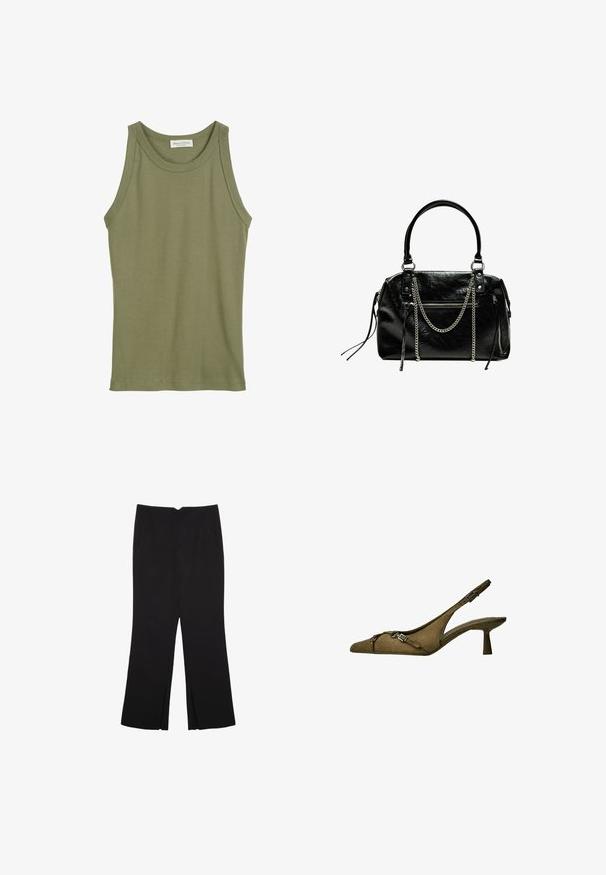 Canottiera verde oliva, design senza maniche, realizzata in morbido cotone, con scollatura rotonda e orli cuciti. Nessun motivo o accento visibile.; Pantaloni neri a gamba dritta, con tasche frontali e spacchi laterali all'orlo. Realizzati in tessuto morbido e liscio. Adatti a diverse occasioni.; Tacco slingback in suede verde oliva con punta affusolata, cinturino regolabile e dettaglio in fibbia argentata; tacco basso e svasato per stabilità.; Bershka WITH CHAIN - Borsa a mano - black