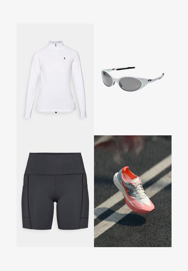 White long-sleeve pullover with a quarter-zip collar, featuring a black logo on the chest and smooth, lightweight fabric.; Black high-waisted shorts made of stretchy fabric, featuring side pockets, flat seams, and a smooth texture for comfort during activities.; Running shoe with a white and pink upper, featuring a mesh texture, reflective accents, and a cushioned sole. Lightweight design for performance.; White plastic sunglasses with large oval lenses, gray tinted. Features black ear grips and a small logo on the frame. Smooth finish.