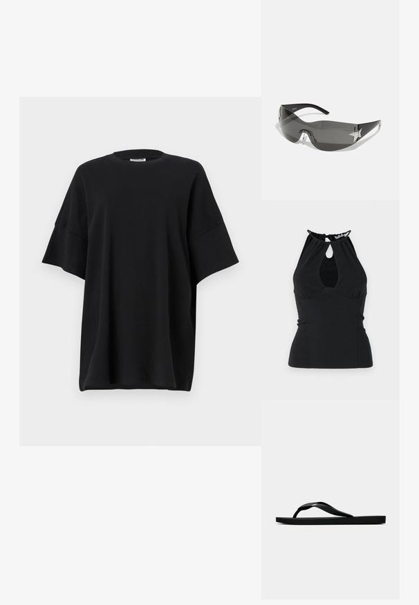 Zwarte haltertop met een keyhole uitsnijding bij de halslijn, met geplooide stof aan de achterkant en een aansluitend ontwerp. Gemaakt van een gladde textuur.; Zwarte oversized t-shirt van katoen, met een ronde halslijn en korte, brede mouwen. Het heeft een soepele textuur en een relaxte pasvorm.; Zwarte rubberen flip-flop sandaal met een getextureerde strap en een eenvoudige platte zool, zijaanzicht op een effen lichte achtergrond.; Zwarte zonnebril met een wrap-around ontwerp, donkergetinte glazen, glanzende stervormige accenten en verstelbare neussteunen.; Even&Odd Shopper - black