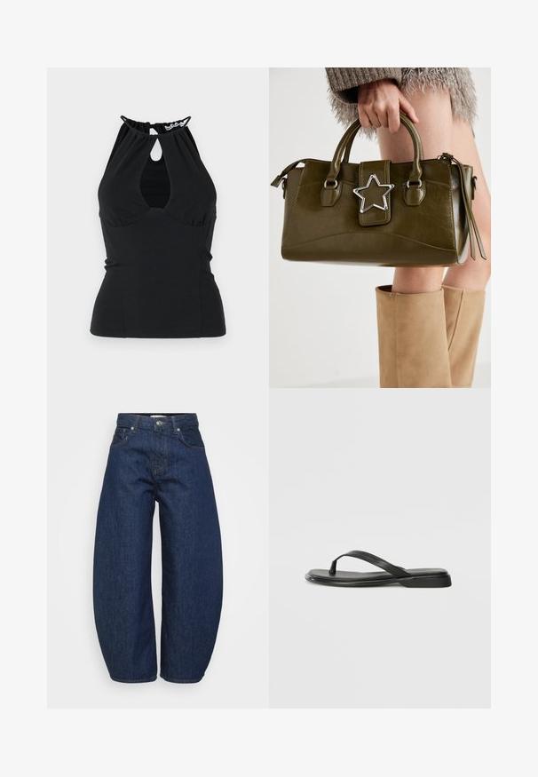 Svart halter-top med et nøkkelhull-utsnitt i halsen, med samlet stoff bak og en tettsittende design. Laget av et glatt materiale.; Mørkeblå høytalende denimjeans med vide ben, frontknap og glidelås, samt klassisk femlommers design.; Sorte flip-flop laget av glatt lær, med en tynn stroppdesign og en flat såle med et minimalistisk utseende. Ingen bemerkelsesverdige mønstre eller aksenter.; Oliven grønn faux lær håndveske med sølvstjerneakcent, doble håndtak og glidelåslukking. Teksturert overflate og strukturert form.; Sølv ringøredob med en polert finish, med små gull detaljer og en rund form, båret på øreflippen.