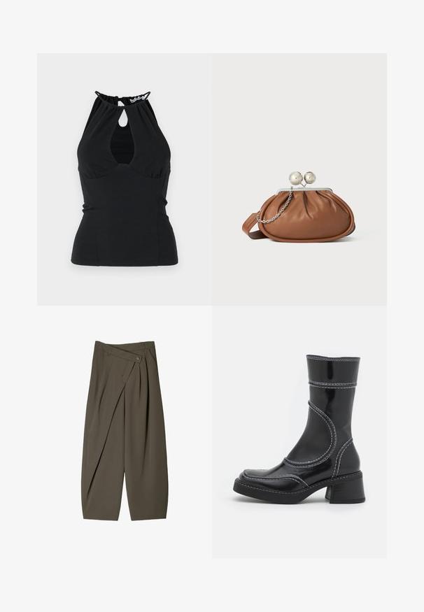 Zwarte haltertop met een keyhole uitsnijding bij de halslijn, met geplooide stof aan de achterkant en een aansluitend ontwerp. Gemaakt van een gladde textuur.; Ruime broek in donkergroen stof, met een geplooide voorkant, een knoopsluiting en een gepolijste, gestructureerde afwerking.; Zwarte lakleren enkellaars met witte stiksels, ronde neus en blokhak. Kenmerkt zich door gebogen ontwerplijnen en een gladde textuur.; Bruine leren clutch met een zilveren balsluiting en een klein zilveren kettingdetail op een witte achtergrond.