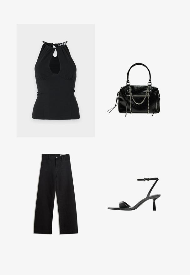 Black halter top with a keyhole cutout at the neckline, featuring gathered fabric at the back and a fitted design. Made from a smooth texture.; Black wide-leg denim pants with a high waist, featuring front and back pockets, stitched seams, and a button closure. Smooth texture.; Bershka High heeled sandals - black; Bershka WITH CHAIN - Handbag - black