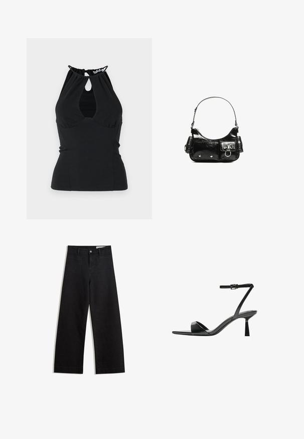 Čierny top s halter výstrihom a kľúčovou dierou na krku, s nazhŕňaným materiálom na chrbte a priliehavým strihom. Vyrobený z hladkého materiálu.; Čierne denimové nohavice s širokými nohavicami a vysokým pásom, so prednými a zadnými vreckami, šitými švami a zapínaním na gombík. Hladká textúra.; Bershka Sandále na vysokom opätku - black; Čierna laková kožená kabelka s ohnutým tvarom, jedným ramenným popruhom, prednými vreckami a striebornými kovovými doplnkami.