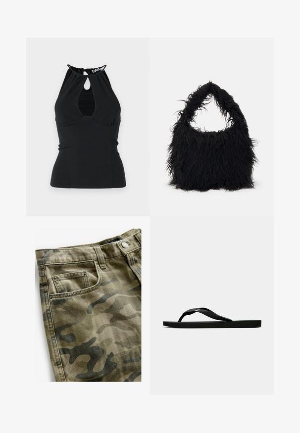 Črna halter majica z izrezom v obliki ključavnice na vratu, z nabranim materialom na hrbtnem delu in prilagojeno zasnovo. Narejena iz gladkega materiala.; Next Kratke hlače iz džinsa - camo print; Črne gumijaste japonke s teksturirano thong naramnico in preprostim ravnim podplatom, prikazane s strani na enobarvni svetli podlagi.; Even&Odd Torba za nakupovanje - black