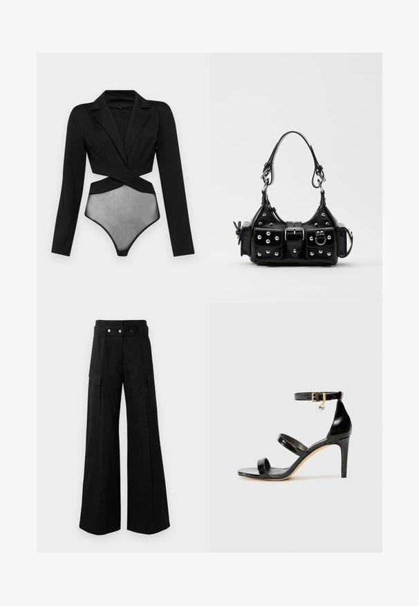 Schwarzer Body mit langen Ärmeln, der oben wie ein maßgeschneiderter Blazer geschnitten ist und unten ein transparentes Netzpaneel hat. Glatte Textur, körperbetontes Design.; Schwarze weit geschnittene Hose mit hohem Bund, großen Seitentaschen, zwei vorderen Knöpfen und einer Schlaufen-Detail. Aus robustem Stoff gefertigt.; Schwarze Lackleder-Sandale mit drei Riemen, Knöchelriemen und 10 cm hohen Stiletto-Absatz. Verfügt über goldfarbene Hardware-Details und ein Logo-Charm.; Schwarze Lederhandtasche mit einem geschwungenen Design, verziert mit silbernen Nieten, einer Schnalle und zwei seitlichen Taschen. Verstellbarer Träger für verschiedene Tragemöglichkeiten.