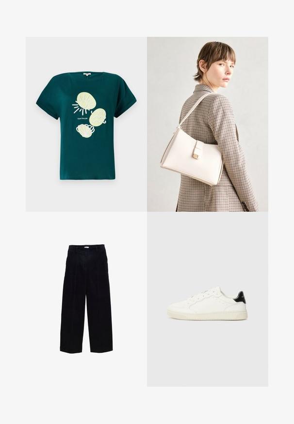 Teal katoenen t-shirt met een afbeelding van een zon en schelpen in lichtgeel en wit, met een relaxte pasvorm en opgerolde mouwen.; Marineblauwe corduroy wijduitlopende broek met een recht silhouette, voor prestaties en een subtiele textuur. Voorzien van riemlussen en een metalen rits.; Witte leren sneakers met ronde neuzen, vetersluiting, geperforeerde details en een zwarte hakaccent. Gewelfde rubberen zool.; Witte leren handtas met een gestructureerd ontwerp, voorzien van een magneetsluiting en een schouderriem, tentoongesteld tegen een neutrale achtergrond.