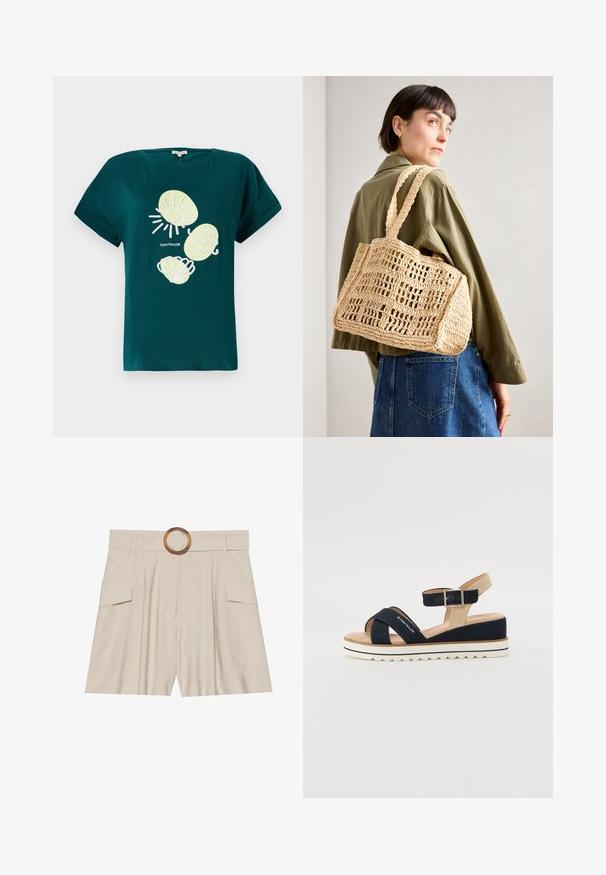 Zelena bombažna majica z grafiko sonca in školjk v svetlo rumeni in beli barvi, z udobnim krojem in zavitimi rokavi.; Beige kratke hlače z visokim pasom, širokim ravnim pasom, lesenim krožnim zaponko, gubanim sprednjim delom in dvema stranskima žepoma. Gladka tekstura tkanine.; Mornarsko modre sandale z dvema tekstilnima trakovama, nastavljivim gležnjarjem in teksturiranim bež zadnjem delu. Debel, bel, valovit podplat. Blagovna znamka je natisnjena na traku.; Pletena torba iz naravnih vlaken v tan barvi, pravokotne oblike, z dvema širokima ročajema in odprto mrežno strukturo. Oblikovanje vključuje teksturirano tkanino in prostoren notranji prostor.