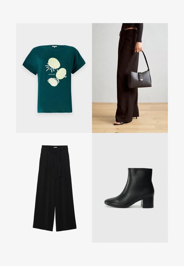 T-shirt de algodão azul-turquesa com um gráfico de um sol e conchas em amarelo claro e branco, com um corte relaxado e mangas enroladas.; Calças largas pretas com um tecido texturizado, uma cintura elástica e um laço destacável na cintura para um ajuste ajustável.; Botas de tornozelo em pele preta com bico pontiagudo e um salto robusto. Textura suave com acentos mínimos e um design ajustado e elegante.; Bolsa preta com forma estruturada, textura suave e um fecho metálico. Combinada com calças largas pretas e sandálias de salto aberto sobre um chão de madeira.