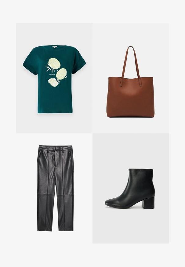 Teal värvi puuvillane T-särk, millel on helekollane ja valge päikese ning merikarbi graafika, mugava lõikega ja üleskeeratud varrukatega.; Mustad nahkpüksid sileda tekstuuriga, sirge lõikega, kahe eesmine taskuga ja nähtavate õmblusteta.; Mustad nahast pahkluu saapad terava varbaga ja jämeda kandaga. Sile tekstuur minimaalse aktsentidega ja stiilne, lihvitud disain.; Pruun nahast tote-kott, millel on sile tekstuur, avatud ülaosa disain ja kaks õlarihma. Omab minimaalset õmblust ja nähtavat riistvara ei ole.
