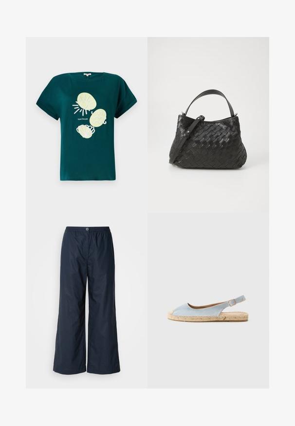Teal cotton t-shirt featuring a graphic of a sun and seashells in light yellow and white, with a relaxed fit and rolled sleeves.; Navy blue wide-leg trousers made of lightweight fabric. Features an elastic waistband and a front button closure. Smooth texture, minimalist design.; Light blue espadrille with a slingback design, featuring a rounded toe, jute sole, and flat heel. Soft texture with minimal stitching details.; Black woven leather handbag with a rounded shape, featuring a top handle and a detachable strap. Smooth texture and subtle stitching details.