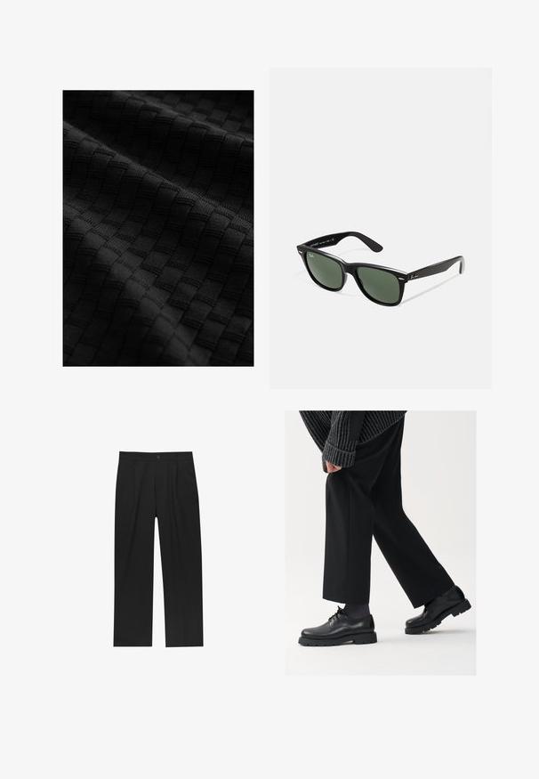Tissu noir texturé présentant un motif tissé de carrés surélevés, mettant en valeur une surface lisse et des détails complexes.; Pantalons noirs au design droit, fabriqués à partir d'un tissu lisse. Dotés de plis sur le devant et d'une fermeture à un bouton à la taille.; Chaussures en cuir noir à bout arrondi, à lacets, avec une semelle épaisse et texturée. Portées avec un pantalon noir ajusté et un pull à côtes.; Lunettes de soleil en plastique noir avec verres verts, monture carrée, accent argenté sur le sourcil et branches texturées. Marque indiquée sur l'intérieur de la branche.