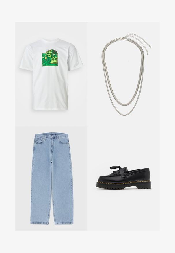 Tricou alb din bumbac cu un grafic de placă de circuit verde care prezintă modele complicate, accente roșii și un element de design stratificat.; Jeans din denim de culoare albastru deschis, cu un design cu picioare drepte, având talie medie, cinci buzunare și un sistem de închidere cu nasture și fermoar.; Mocasini din piele neagră cu un accent ciufulit, având o talpă groasă neagră și cusături galbene pe margine. Finisaj texturat.; Colier din metal argintiu în trei straturi, cu lanțuri elegante și flexibile, cu un ușor luciu, asigurat cu un închizător de tip homar și un lanț ajustabil.