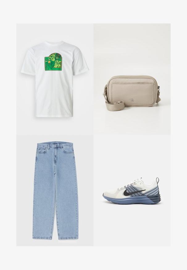 Fehér pamut póló zöld áramkör grafikai mintával, amely bonyolult mintákat, piros kiegészítőket és többrétegű tervezési elemeket tartalmaz.; Világoskék farmernadrág egyenes szárú kivitelben, közepes derékkal, öt zsebbel, gombos és cipzáros záródással.; Nike futócipő, fehér hálós felső résszel, tengerészkék akcentusokkal és graduált kék talppal. Tartalmaz egy fekete swoosh-t és texturált sarkat.; Beige színű, a sima nejlon külsejével rendelkező, keresztpántos táska, cipzáros záródással, állítható pánttal és elülső zsebbel, amelyen diszkrét logó részlet található.
