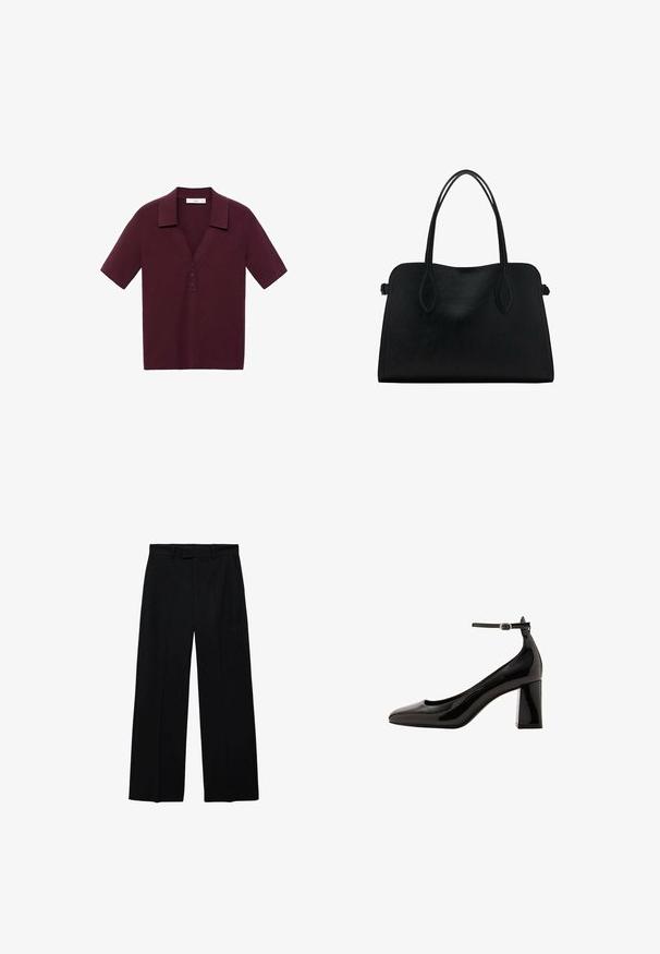 Kratka majica s kratkimi rokavi, temno burgundske barve, izdelana iz teksturirane tkanine, z V-izrezom, tremi gumbi in oblikovanim ovratnikom.; Črne široke hlače s visokim pasom z zankami za pas in stranskimi žepi, z zapiranjem spredaj na zadrgo in gumb.; Črne lakaste čevlje z ankel trakom, sijajne površine, s koničastim nosom in debelim blok peto. Gladka tekstura, minimalni detajli.; Črna usnjena torbica z dvema naramnima trakoma, pravokotne oblike in minimalističnim dizajnom na beli podlagi.