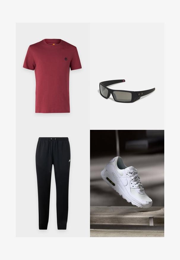 Burgundy short-sleeve crew neck T-shirt with small black tree logo on left chest, displayed on plain white background.; Black sweatpants made of soft fabric, featuring an elastic waistband with drawstrings, cuffed ankles, and a small logo detail on the side.; White Nike Air Max 90 sneaker featuring a mesh and leather upper, perforated toe box, and a visible air unit in the heel.; Black sunglasses with a matte finish, rectangular lenses, slight curve on temples, subtle logo detail, and smoke-tinted lenses.