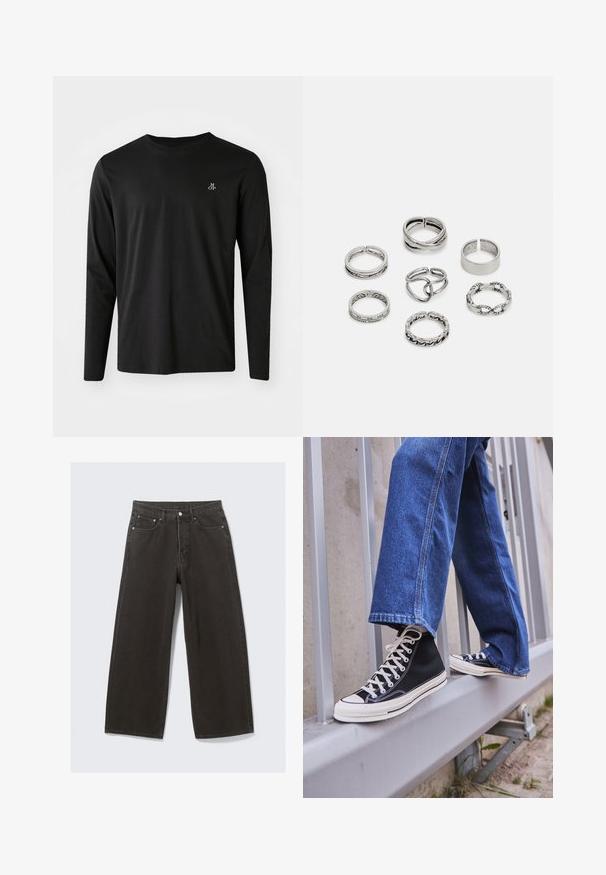 Black long-sleeve t-shirt made of cotton, featuring a crew neckline and a small white logo on the left chest area. Simple design.; Wide-leg black denim jeans feature a high waist, five-pocket design, and a button-fly closure. The fabric has a soft, textured finish.; Black high-top sneakers with white sole and laces, paired with loose blue denim jeans, resting on a gray railing.; Set of seven silver rings featuring various designs, including twisted, linked, and engraved patterns. Different shapes and widths.