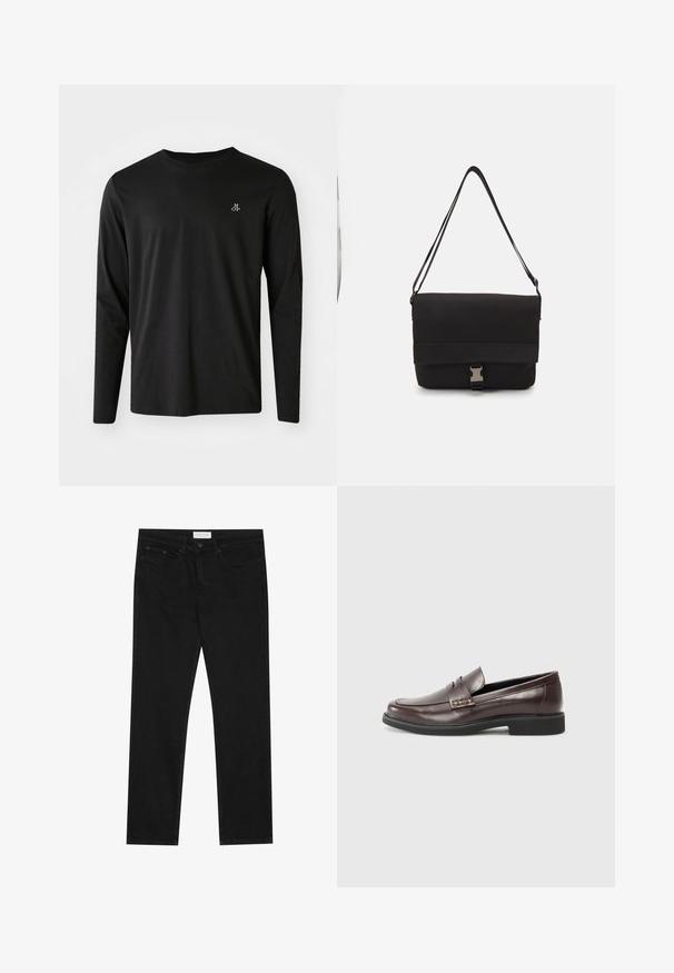 Black long-sleeve t-shirt made of cotton, featuring a crew neckline and a small white logo on the left chest area. Simple design.; Black straight-leg jeans with five-pocket design, button and zip fly closure, and a Pier One brand label on the waistband.; Brown leather loafers with a smooth finish, featuring a subtle stitched detail on the upper and a black rubber sole.; Black messenger bag made of smooth material, featuring a fold-over flap, silver clasp hardware, and an adjustable shoulder strap.
