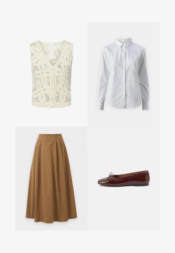 YAS ANULA - Top - ecru; Camicia bianca con bottoni, realizzata in cotone liscio, dotata di un colletto classico, maniche lunghe e orlo curvo. I bottoni sono piccoli e bianchi.; Gonna A-line in cotone marrone con vita alta, caratterizzata da pince sulla parte anteriore e una texture liscia. Le finiture dell'orlo sono pulite e semplici.; Ballerine in pelle verniciata bordeaux con punta arrotondata, piccolo fiocco decorativo sulla parte anteriore e suola bassa in gomma nera. Texture liscia.