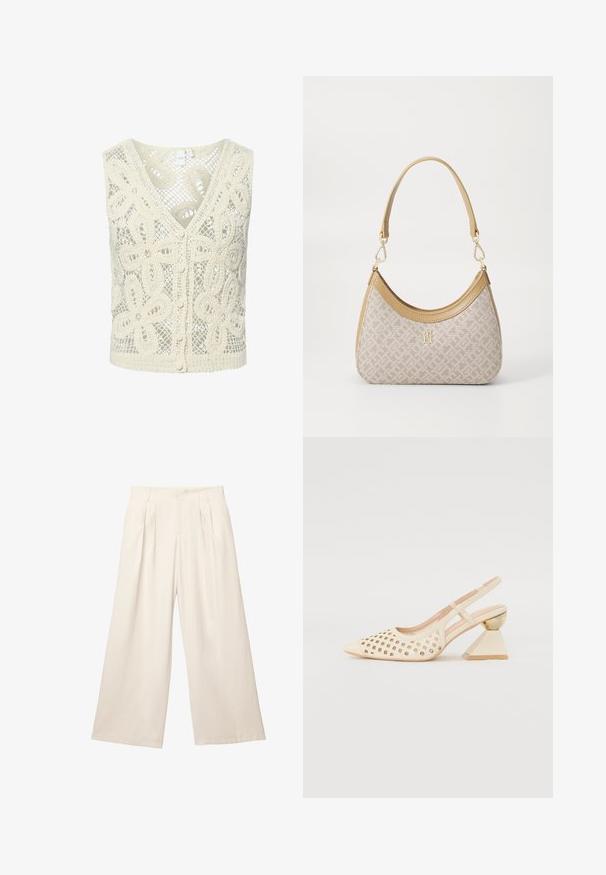 YAS ANULA - Top - ecru; Wide-leg trousers in a light beige color with a soft, textured fabric. Features front pleats and an elastic waistband for a relaxed fit.; Beige slingback shoe with perforated upper, pointed toe, and a contrasting triangular heel featuring a gold accent. Smooth texture overall.; Beige patterned handbag with a curved shape, leather accents, and a gold-tone logo on the front. Features a short handle for easy carrying.