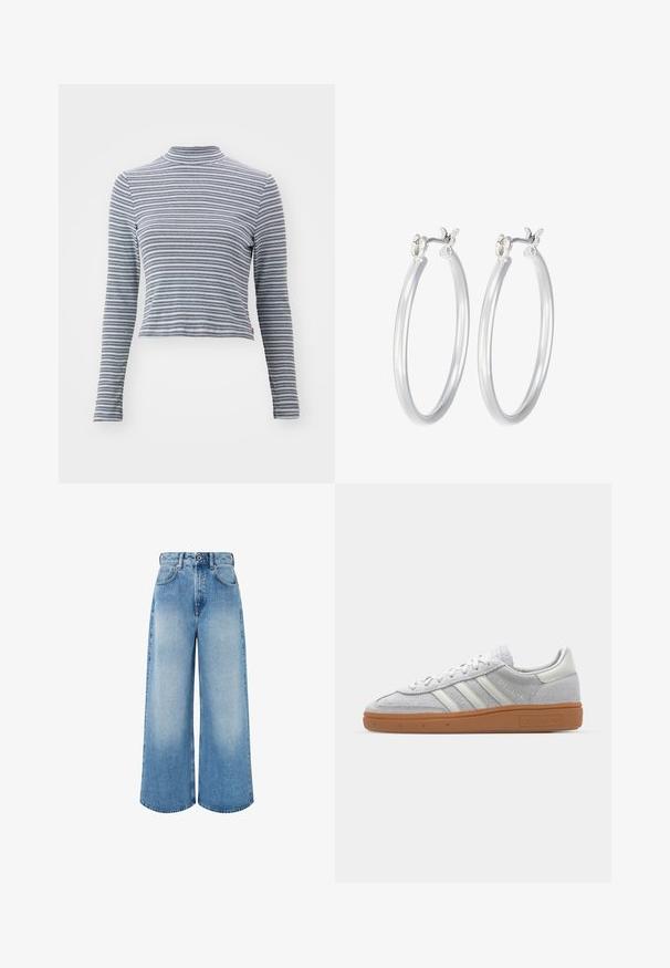 Top de cuello alto de manga larga a rayas, hecho de una tela suave. Presenta finas rayas horizontales negras y blancas y un diseño ajustado.; Vaqueros de mezclilla de pierna ancha en azul claro, con cintura alta, cierre de botón y un leve desvanecimiento con bordes de dobladillo limpios.; Zapatillas de ante gris claro con acentos de cuero blanco, tres franjas blancas y una suela de goma marrón, que cuentan con un cuello acolchado para mayor comodidad.; Pendientes de aro de plata con un acabado liso y pulido. Forma redonda y cierre de click seguro. Diseño ligero adecuado para el uso diario.